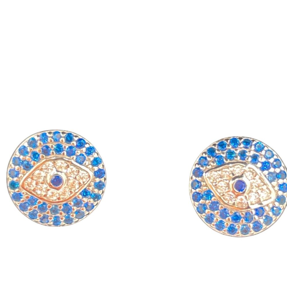 Evil Eye Round Earrings 925 Sterling Silver Blue & Clear CZ Studs Protective Des